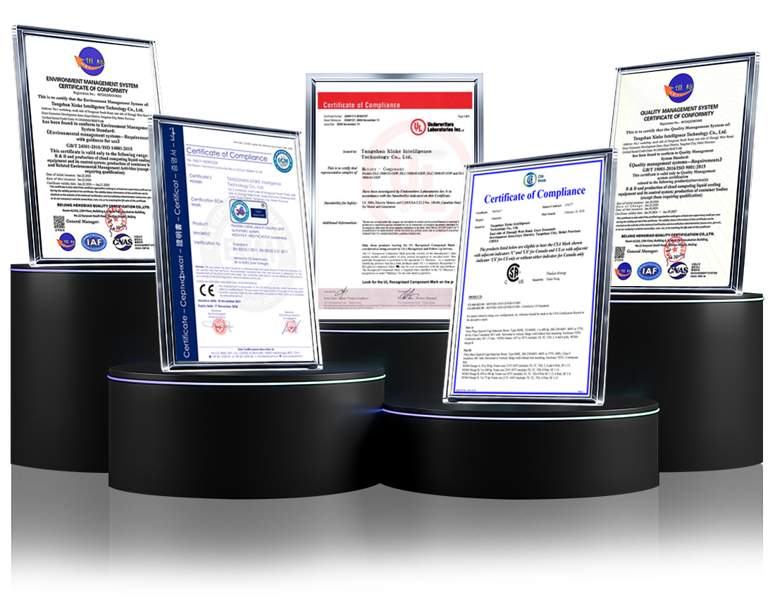 XINKE LCS global certifications display including ISO CE UL CSA