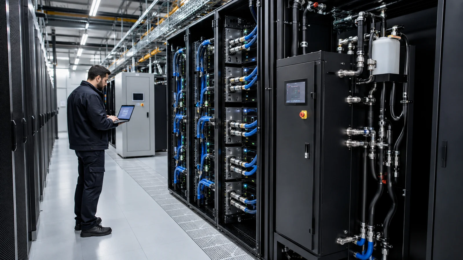 Engineer reviewing liquid-cooling system data while inspecting a CDU and an AI server row