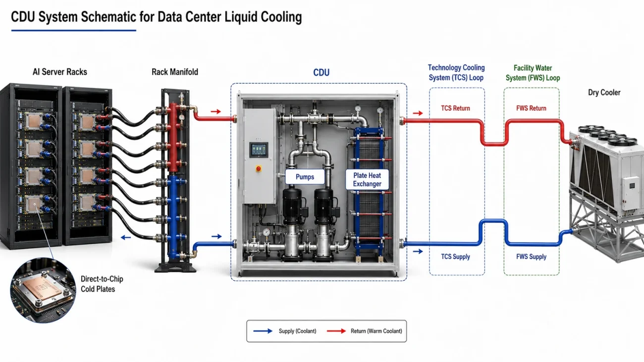CDU system schematic showing AI server racks, rack manifold, TCS and FWS loops, pumps, plate heat exchanger and dry cooler