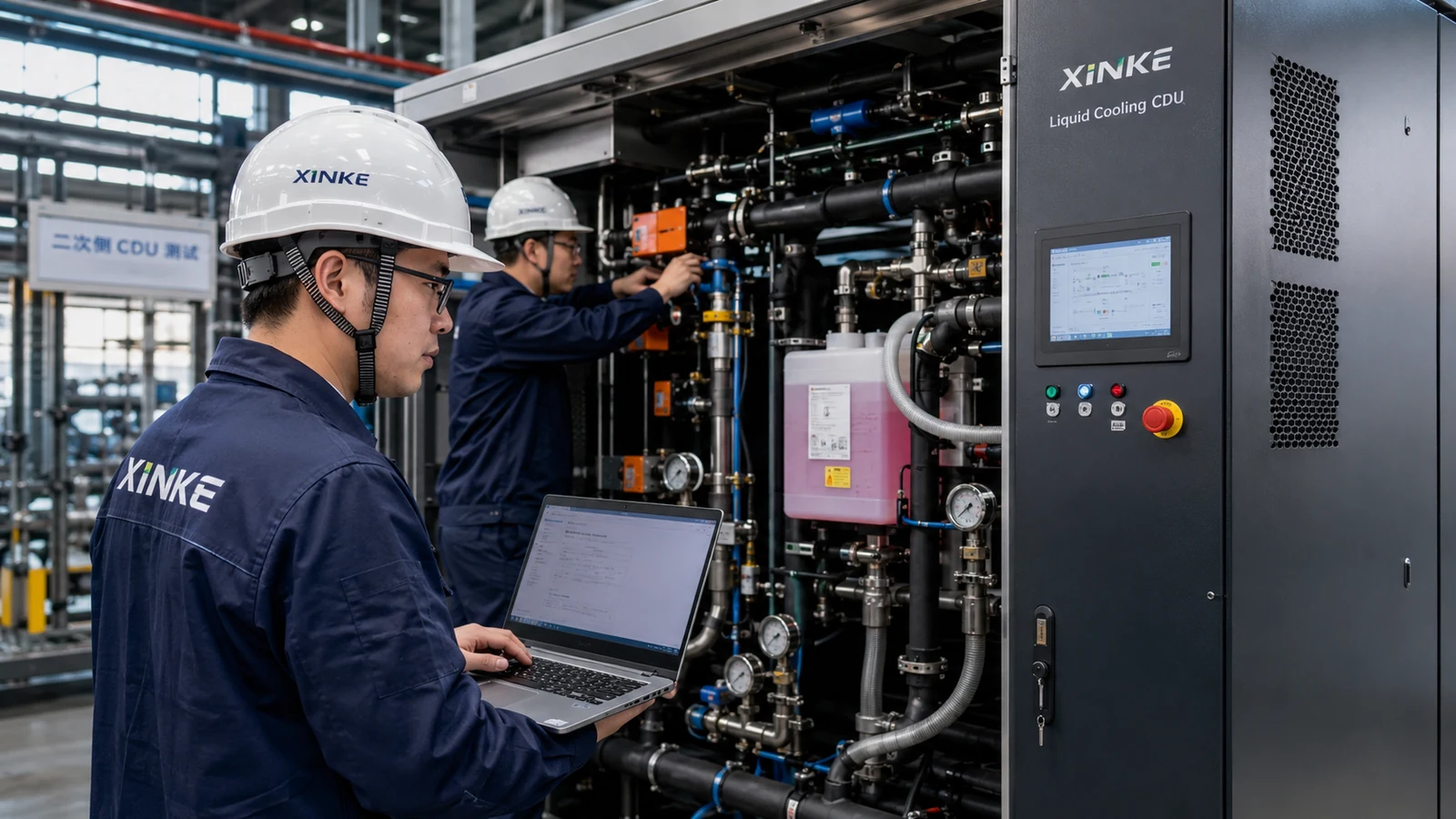 XINKE engineers commissioning a liquid-cooling CDU with a laptop and pressure instruments