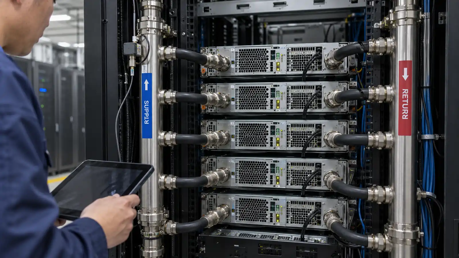 Technician inspecting coolant supply and return connections on a liquid-cooled GPU rack
