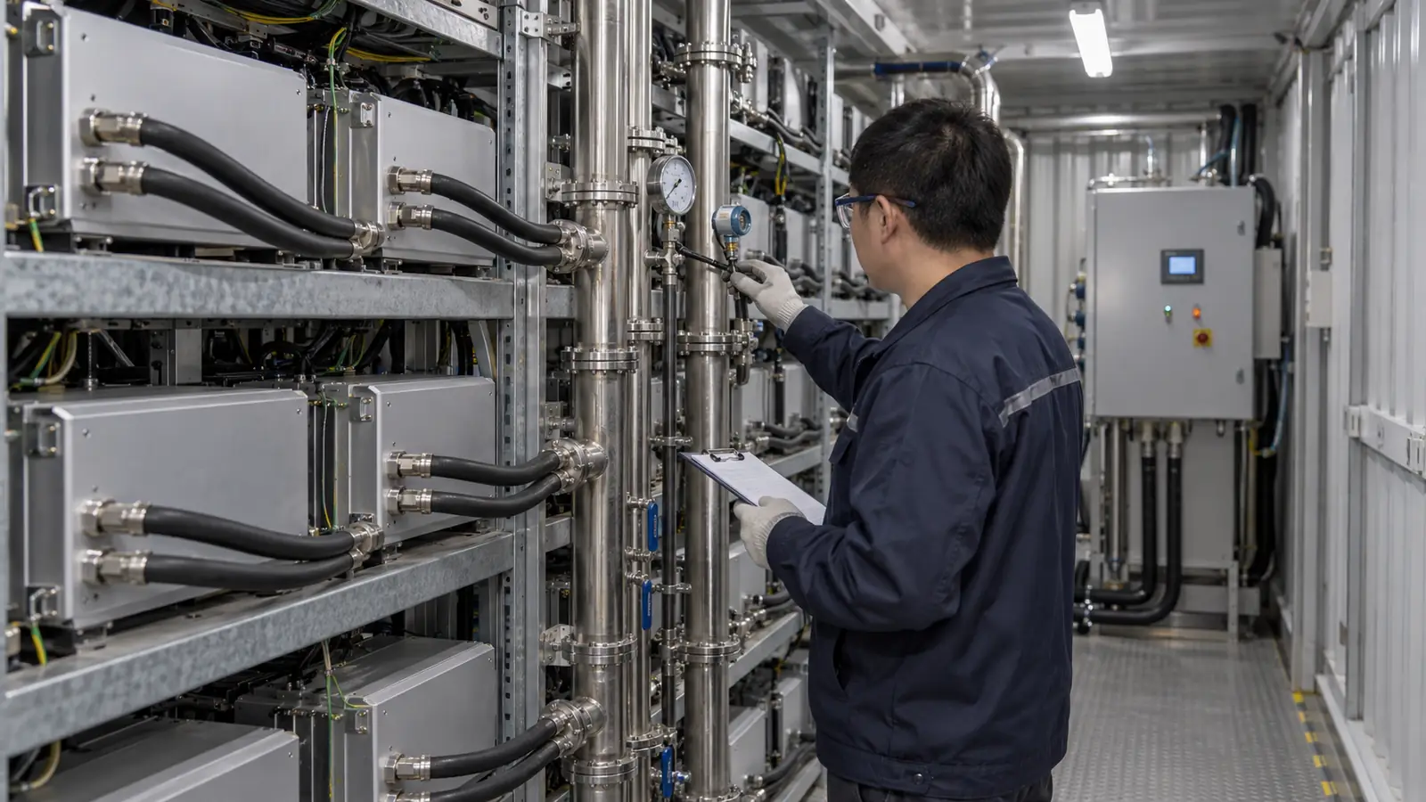 Technician inspecting hydro mining coolant pipes and gauges